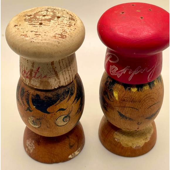 Vintage Wooden Hand Painted Salty & Peppy Chef Salt & Pepper Shakers 4” Tall - Picture 1 of 8